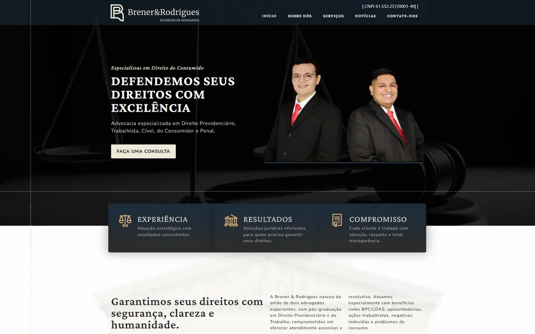 Site da sociedade de advogados Brener e Rodrigues aberto em um notebook
