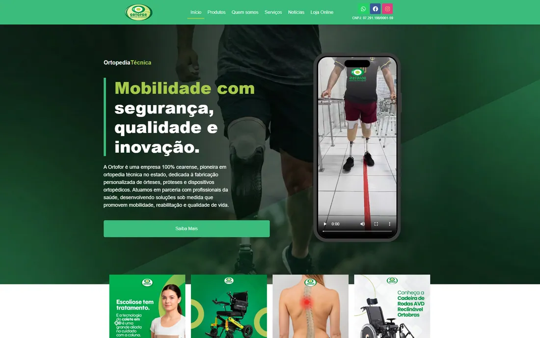 Site da Ortofor, de ortopedia técnica, aberto em um notebook